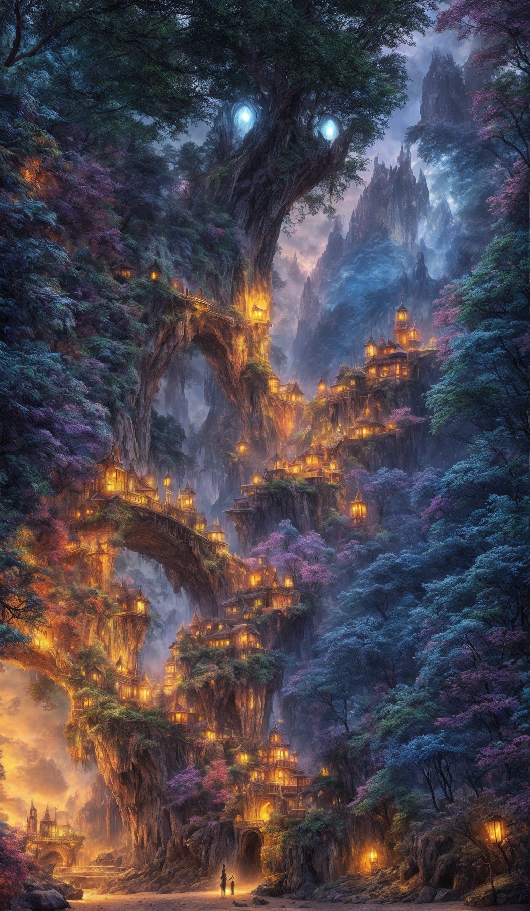Luminous fantasy forest with tree-carved dwellings under twin moons