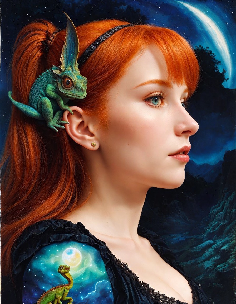 Red-haired woman with green dragon on shoulder under crescent moon