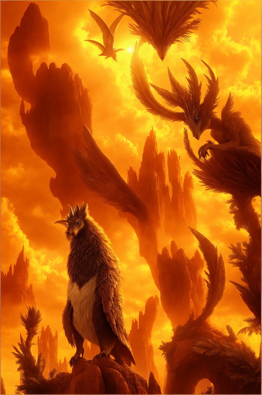 Fantasy scene: Dragons flying over rocky formations in fiery sky