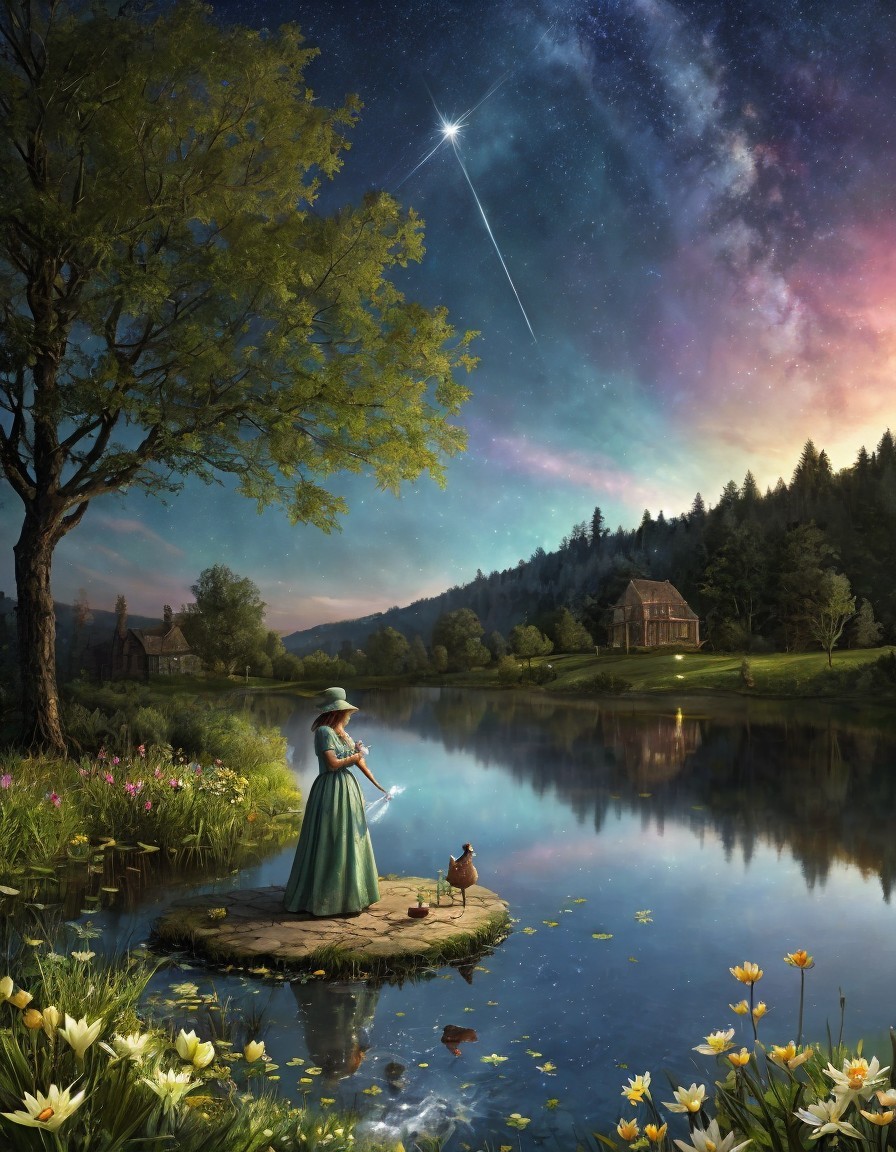 Woman in vintage dress by tranquil lake at dusk with shooting star, dog, cottage, and starry