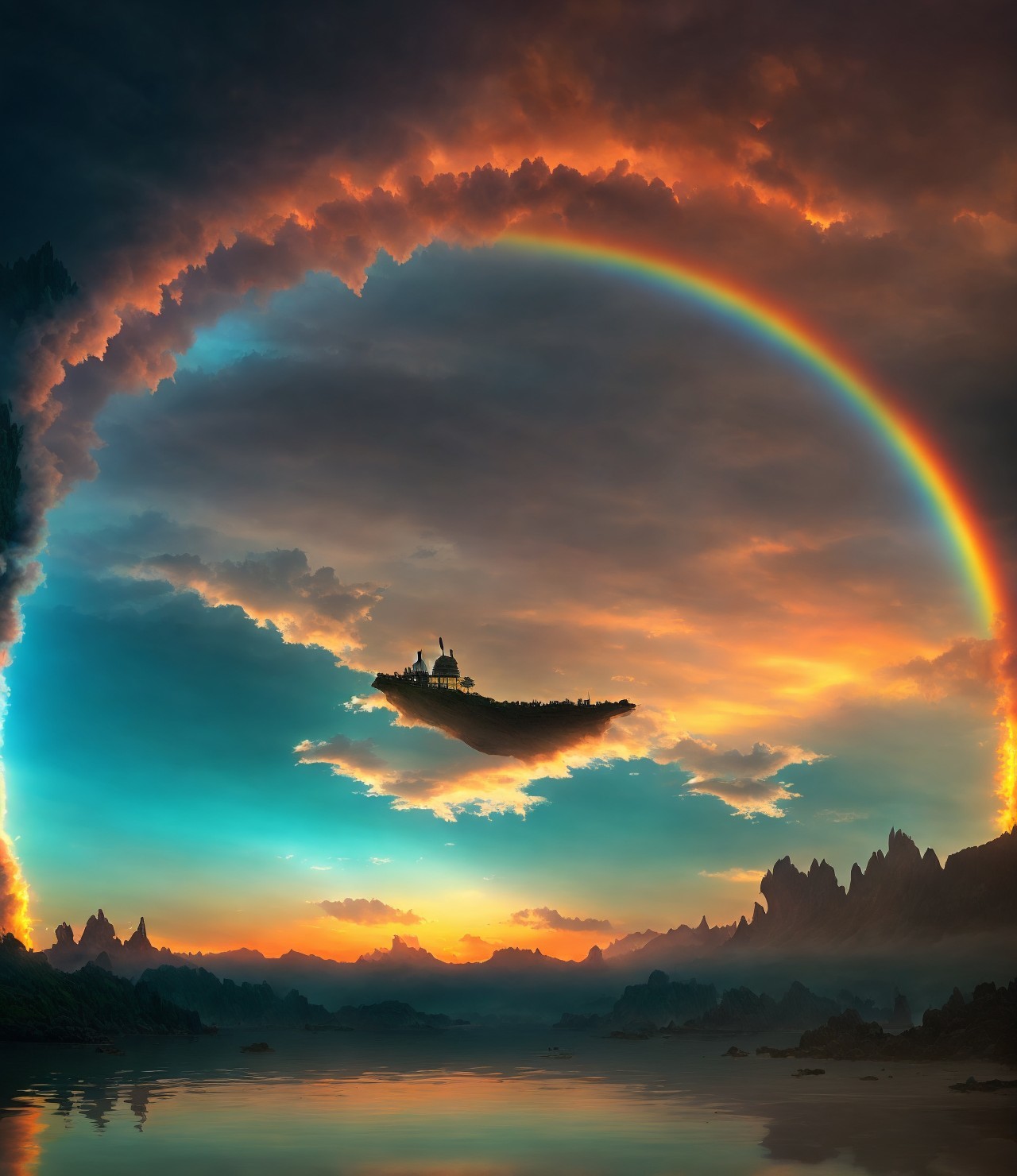 Circular rainbow, sunset, floating land with trees, silhouette of person under dramatic sky