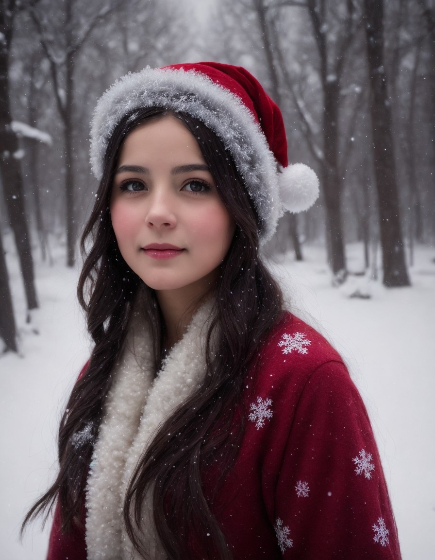 Person with dark hair in Santa hat outdoors in snow, wearing red top and white scarf.