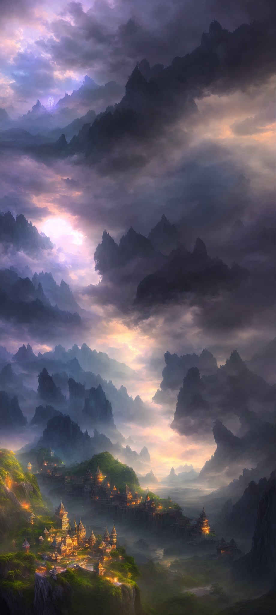 Mystical mountain landscape at twilight with traditional illuminated buildings amid rugged peaks and mist.