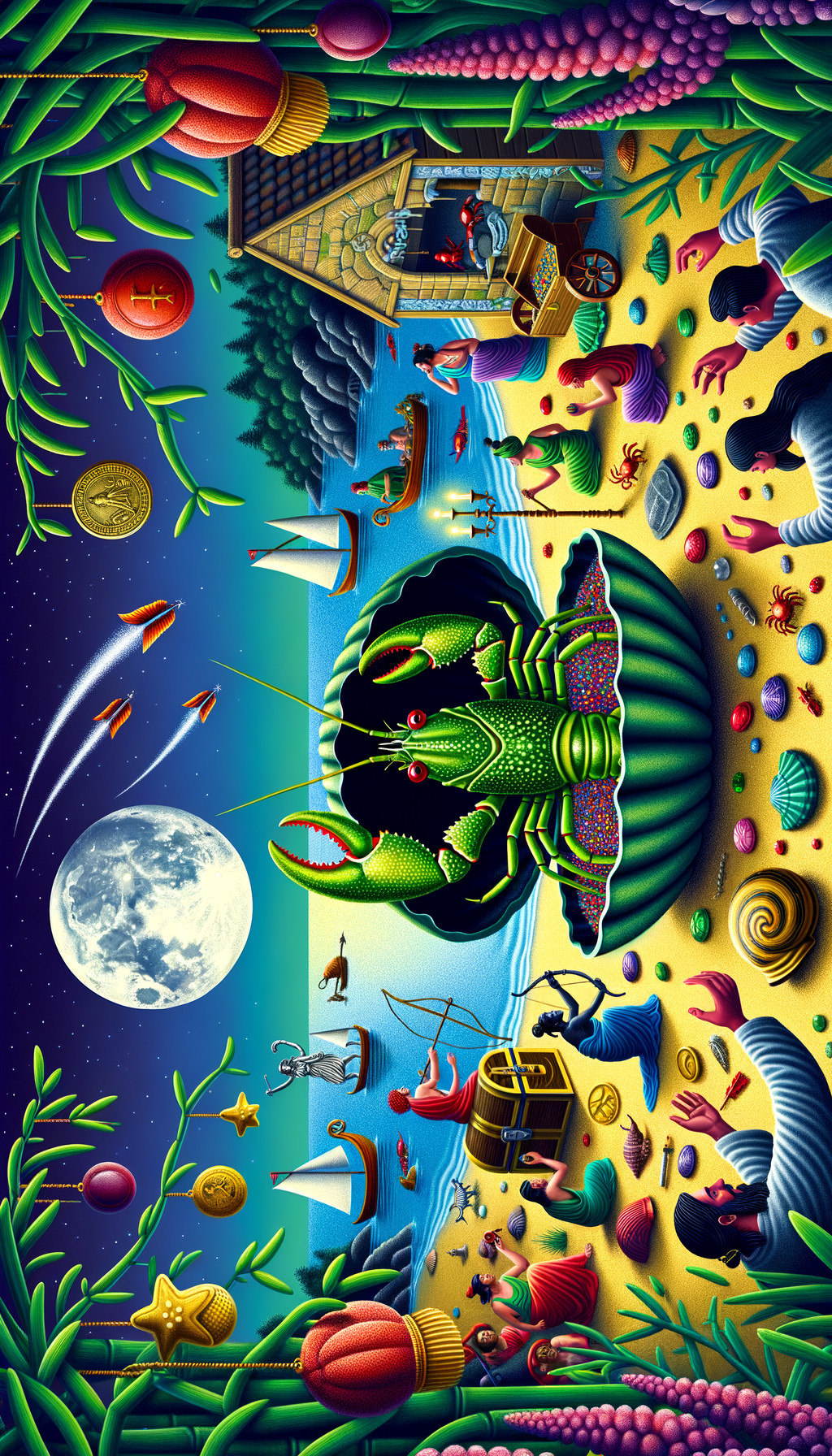 Surreal Beach Scene with Colorful Lobster and Sea Creatures