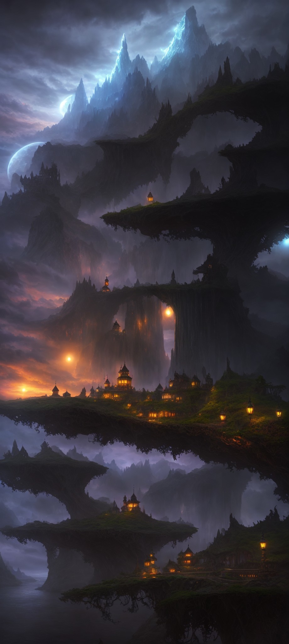 Mystical nighttime landscape with waterfalls, floating mountains, pagodas, and crescent moon