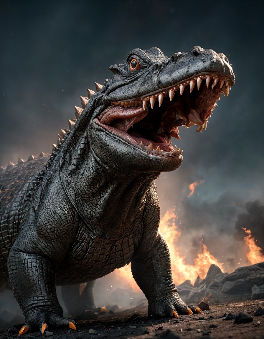 Realistic Digital Alligator in Fiery Background