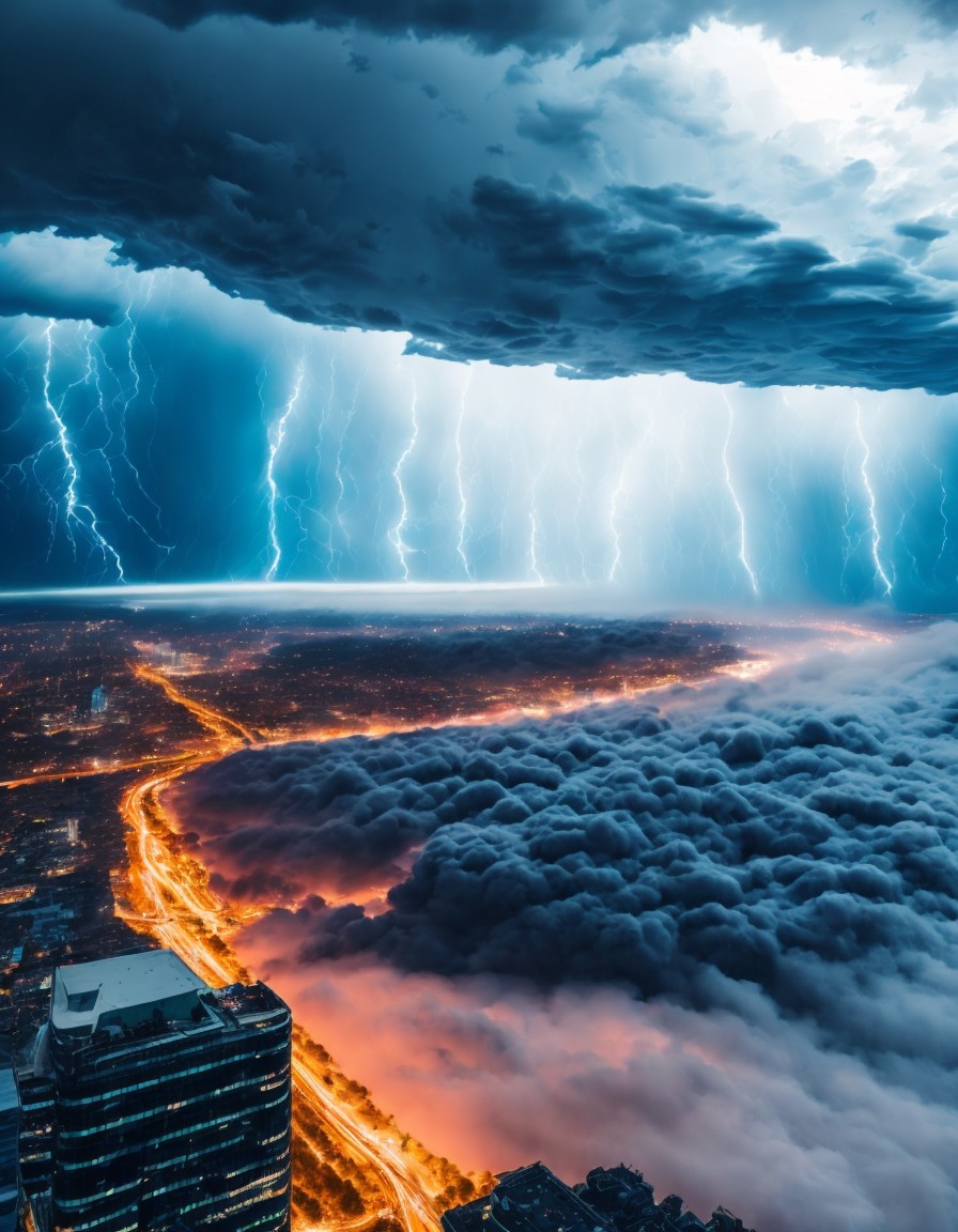 Dramatic Sky with Lightning Over Foggy Cityscape