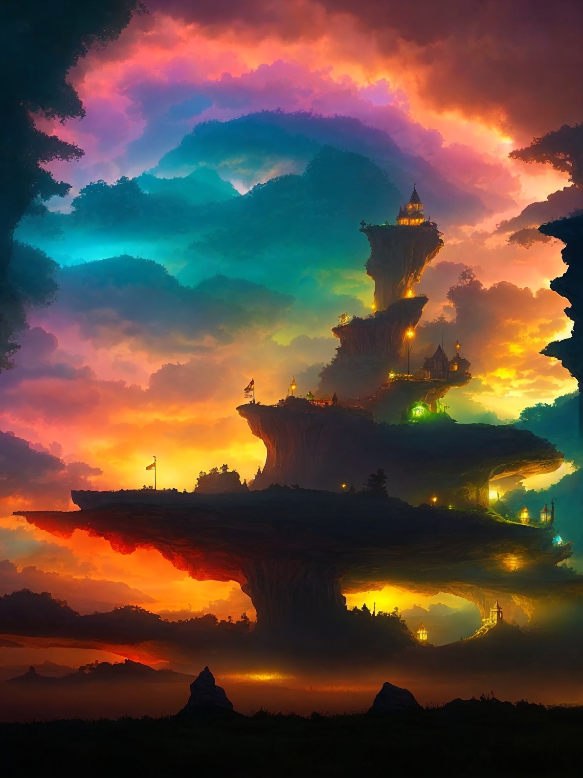 Fantasy landscape: floating islands, illuminated buildings, colorful sky