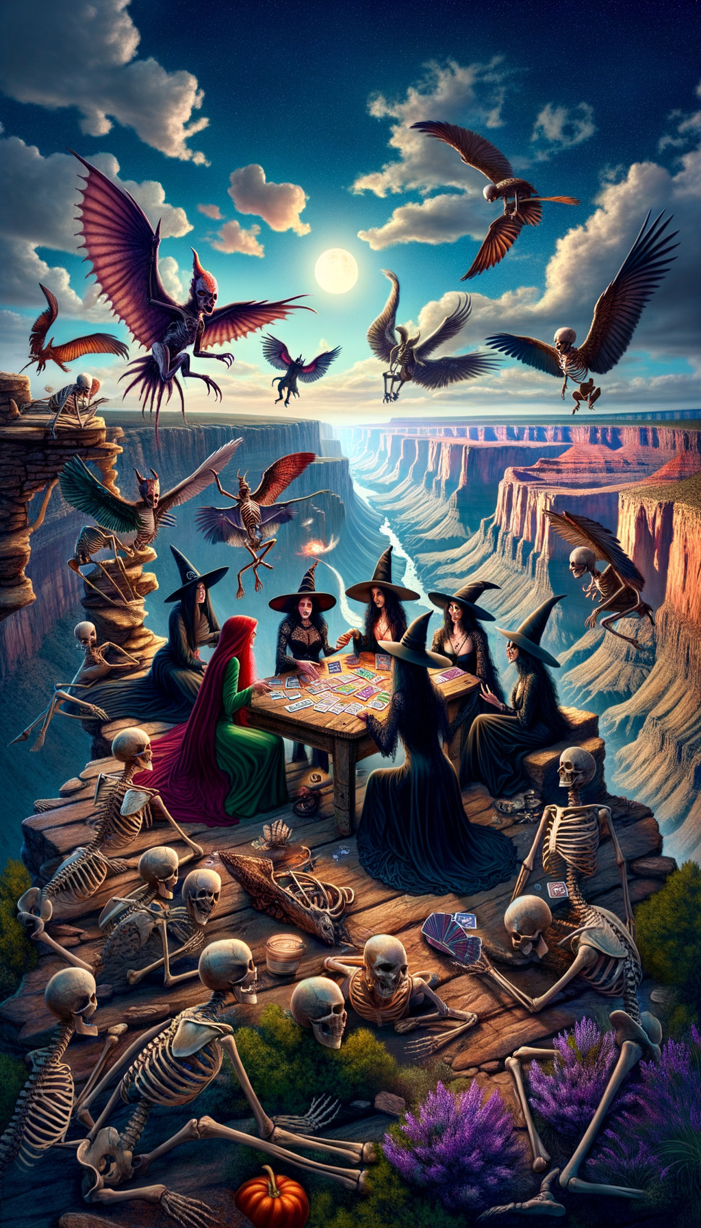 Witches Playing Board Game Under Full Moon in Canyon