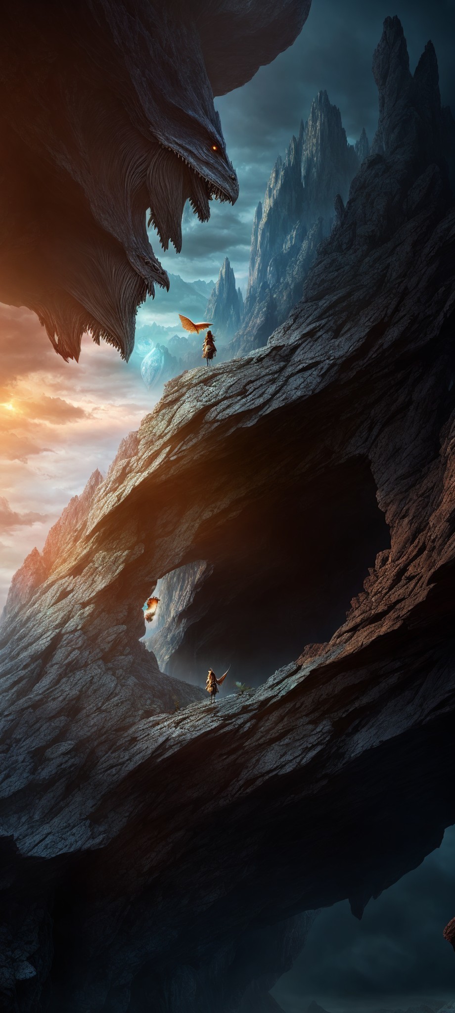 Fantasy scene: adventurers, dragons, rocky cliff, dramatic sky, blue orb, mountains