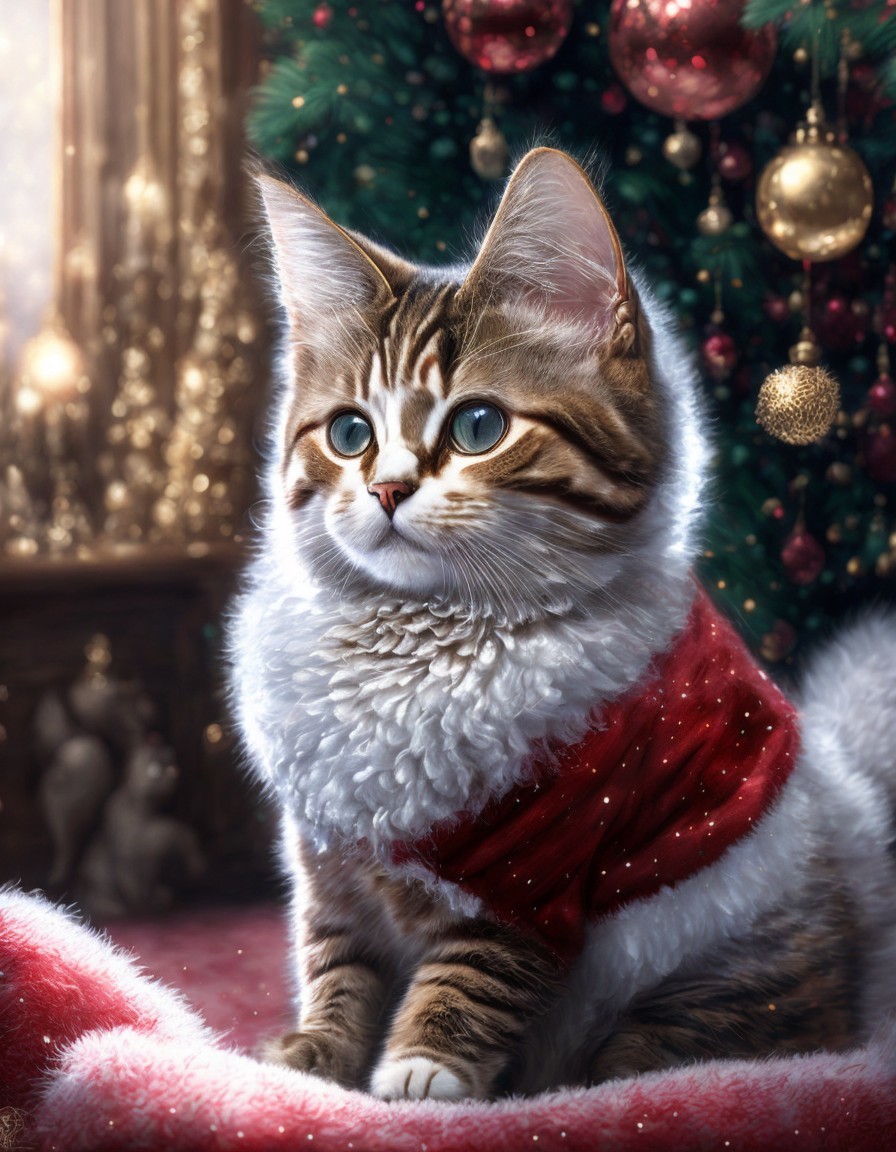 Tabby Kitten with Blue Eyes in Santa Cloak by Christmas Tree