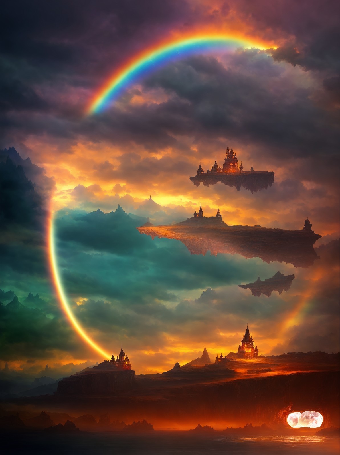 Fantastical landscape with floating islands, castles, vibrant rainbow, fiery clouds, and glowing mol