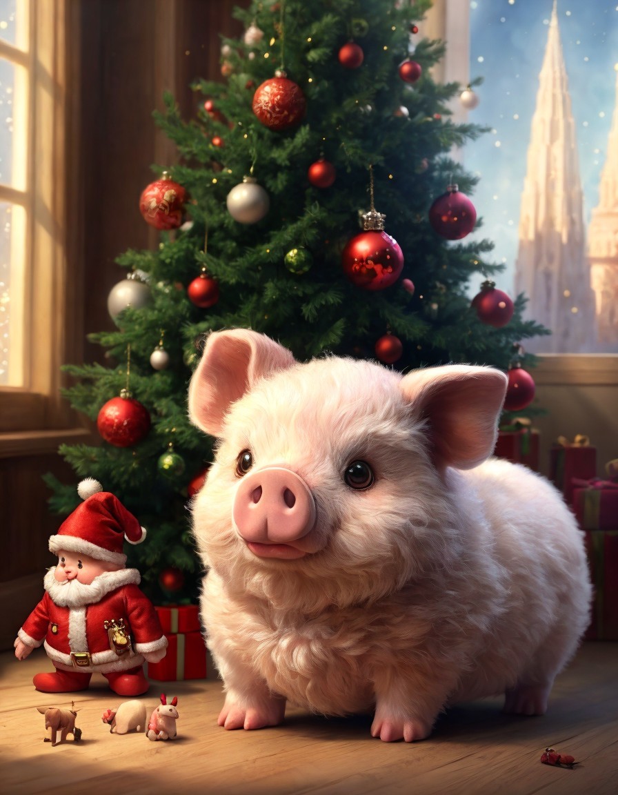 Adorable piglet with Christmas tree, gifts, and Santa figure in cozy room