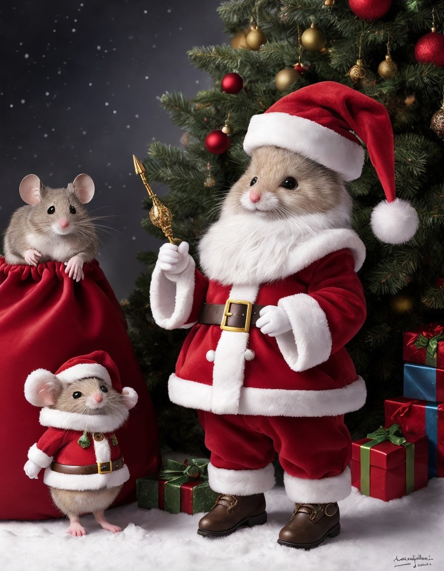 Anthropomorphic mice in Santa outfits by a Christmas tree