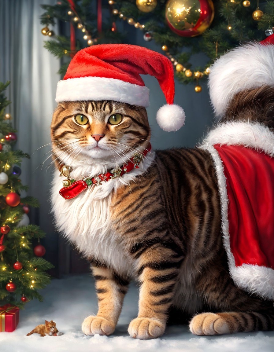 Tabby cat in Santa hat beside Christmas tree & Santa suit figure