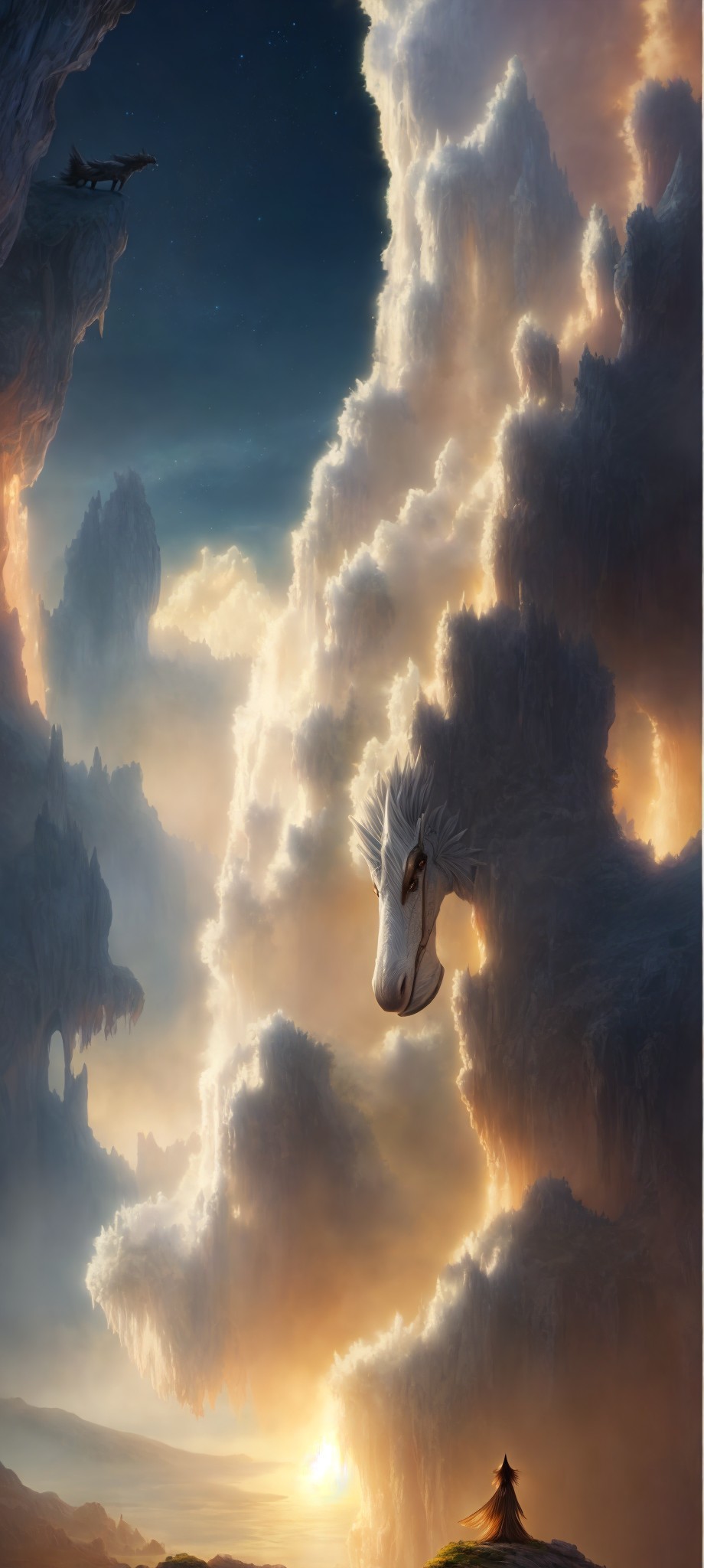 Mystical sunset with hovering landmasses and unique cloud formations