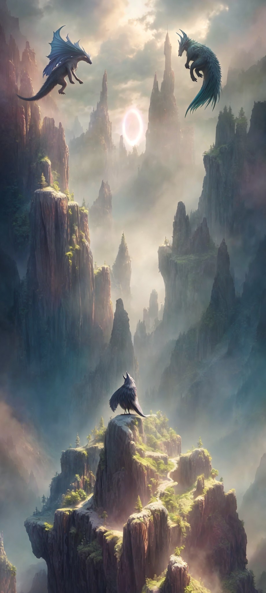 Three dragons flying over misty mountains in sunlight