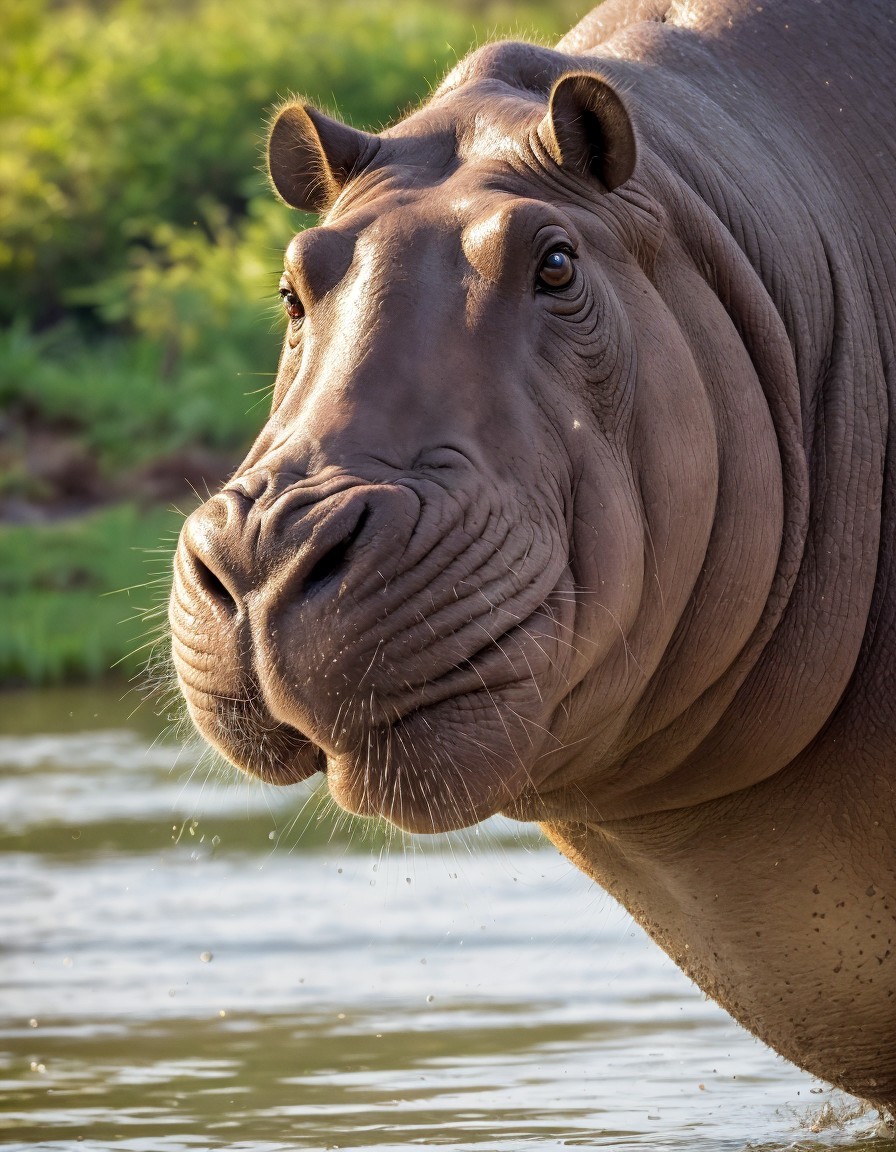 Close-up of Hippopotamus Head Emerging from Water