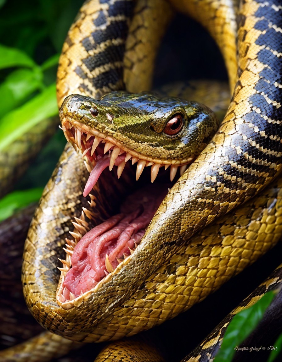 Close-up of a coiled snake with open mouth and fangs