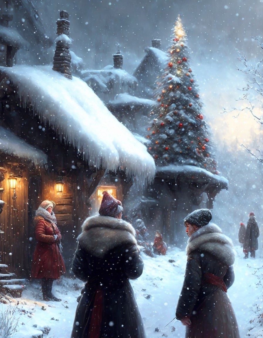Winter Village Scene: Snowy Setting with People and Christmas Tree
