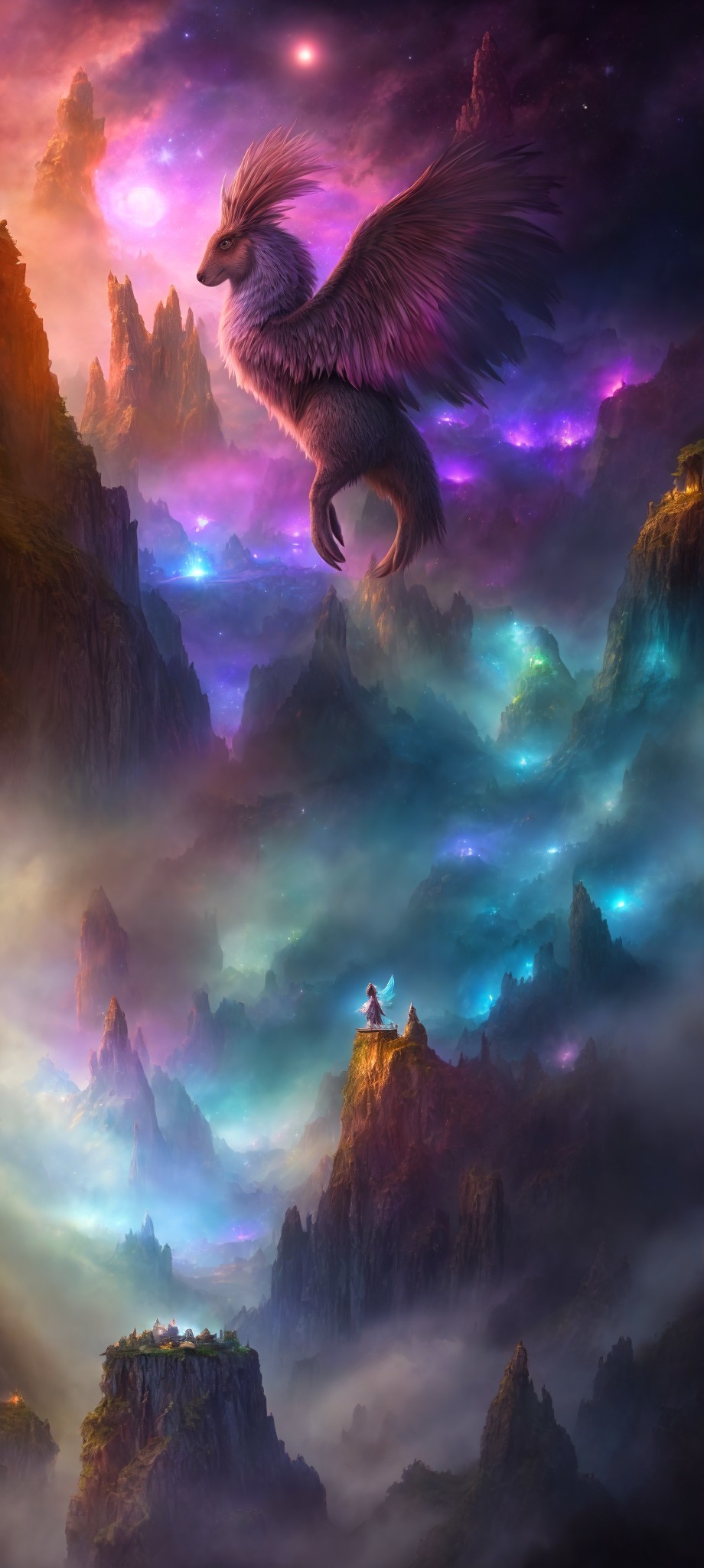 Giant eagle soaring over mystical landscape with cosmic sky