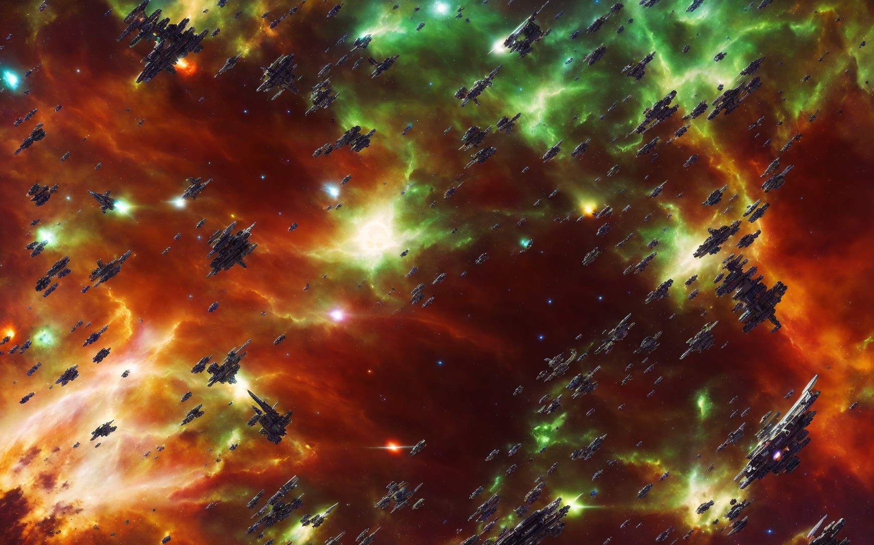 Colorful Space Scene: Spaceships in Vibrant Nebula