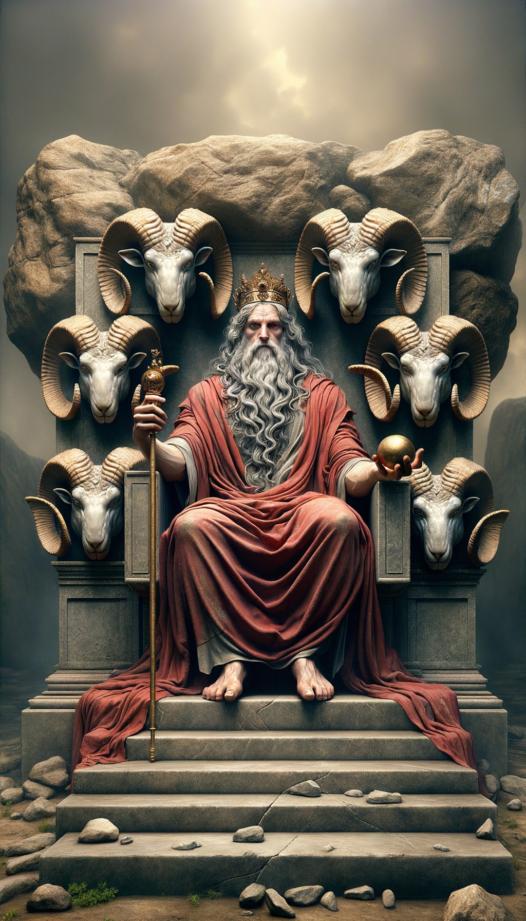 Majestic figure on stone throne with scepter and robe