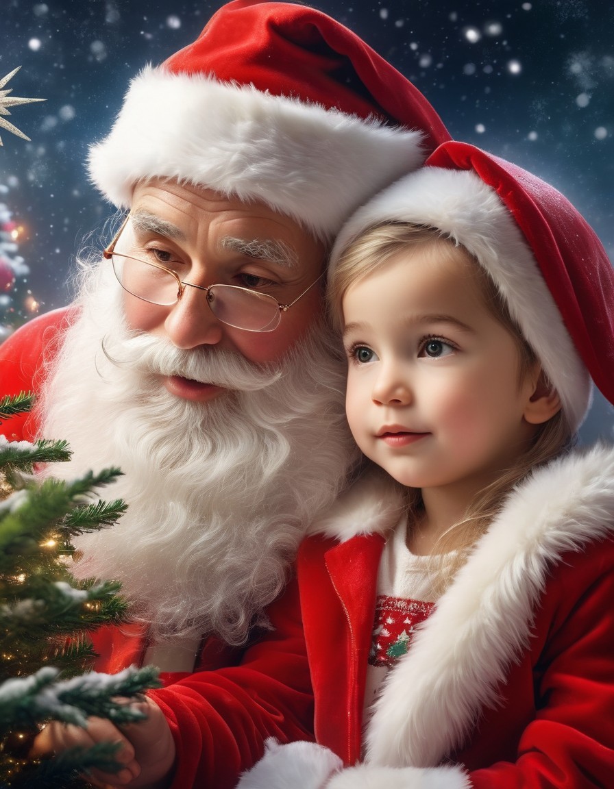 Santa Claus and child in red Christmas outfits by snowy tree.