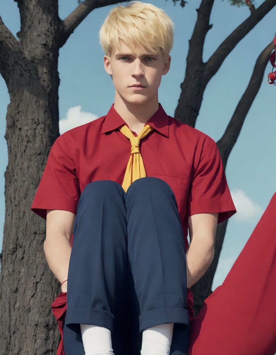 Blond person in red shirt and yellow tie sitting near tree under blue sky