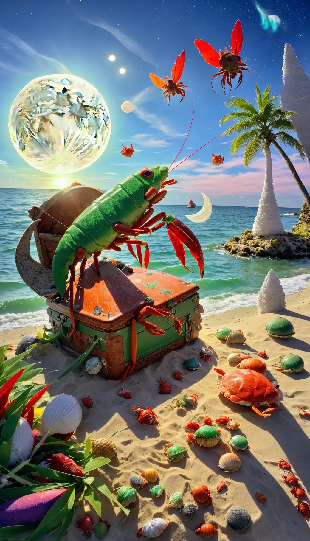 Whimsical Beach Scene with Green Lobster and Moon