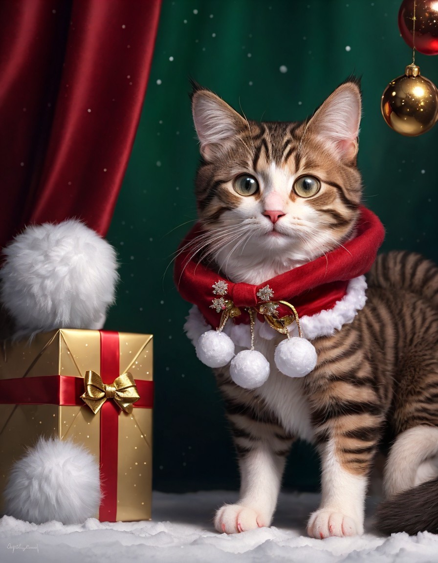 Tabby Kitten with Red Collar Beside Gold Gift Box and Christmas Decorations