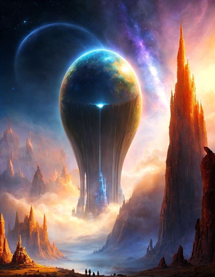 Fantasy landscape with towering rock formations and figures gazing at massive planet-like object.