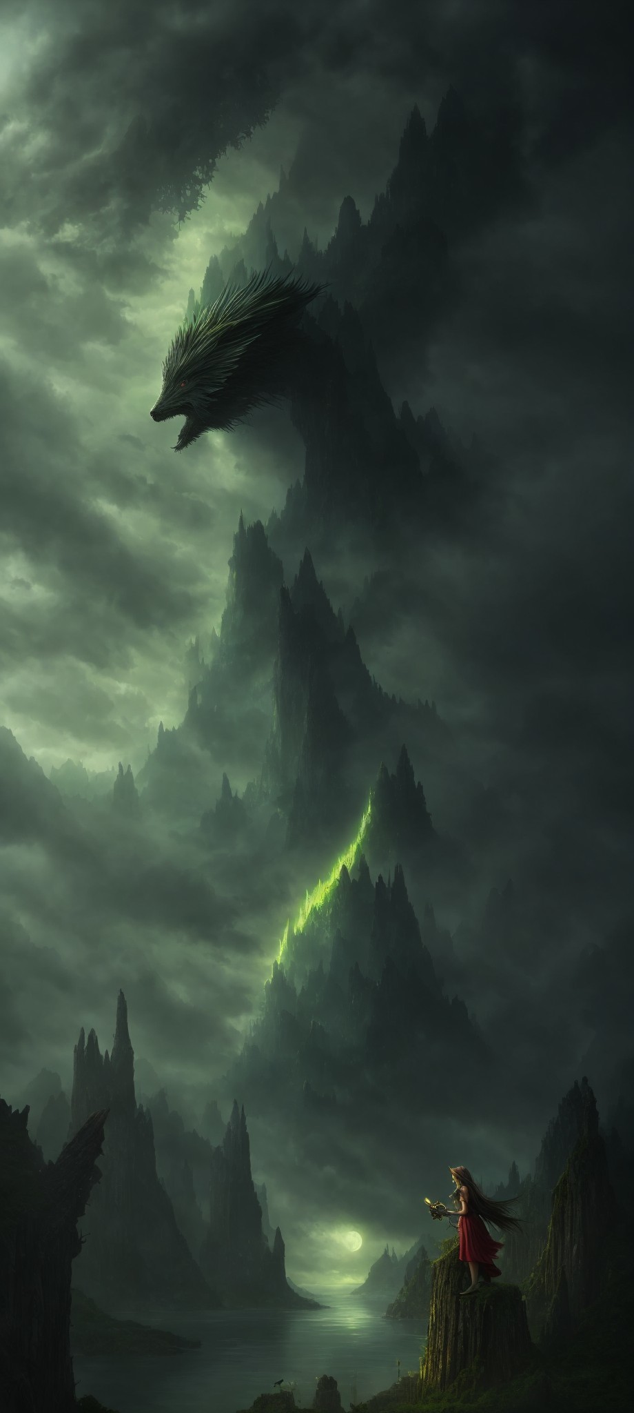 Mystical landscape with towering mountains, person on cliff, giant bird-like creature