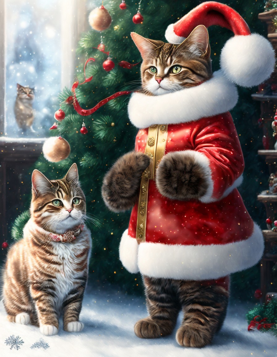 Whimsical painting of cats in Santa Claus outfits with Christmas tree