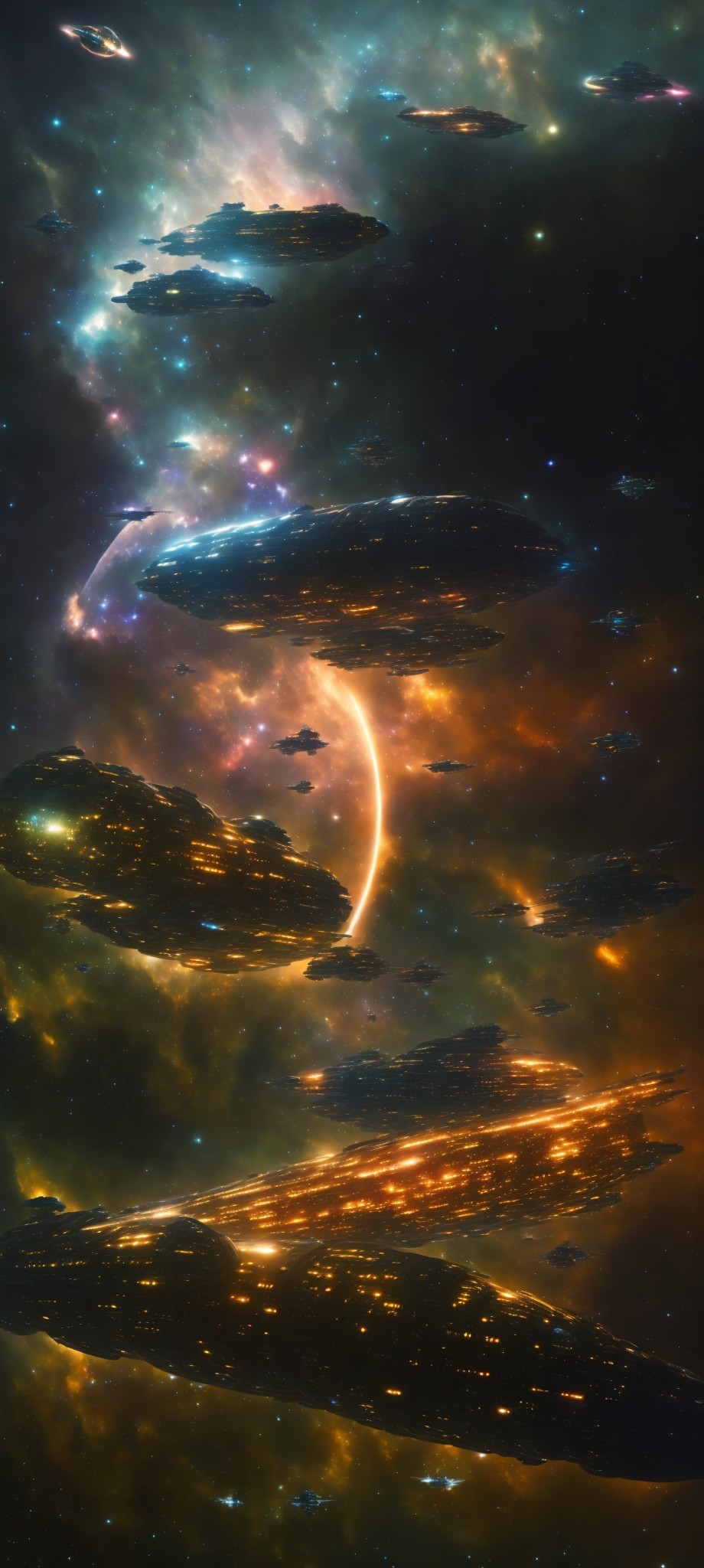 Colorful Cosmic Scene with Galaxies, Stars, and Nebulas in Orange, Yellow, and Blue