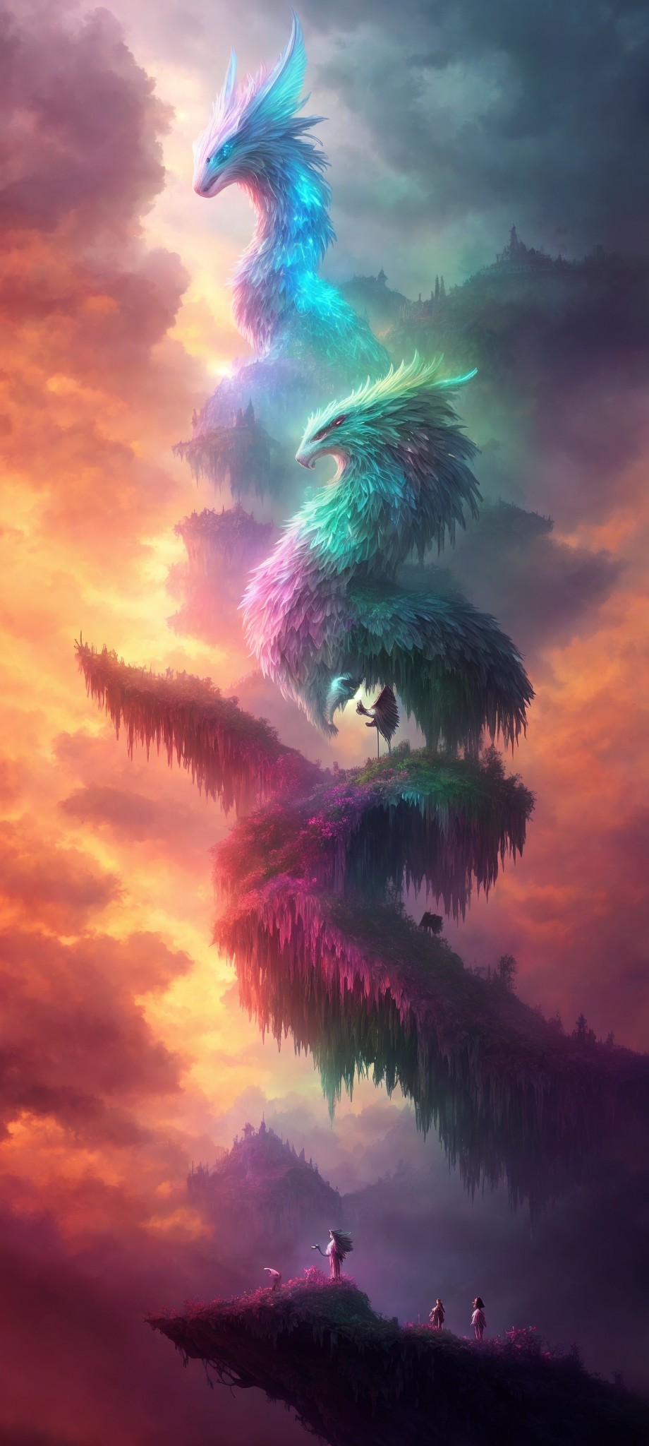 Fantasy artwork: Feathered serpentine creatures on landmasses