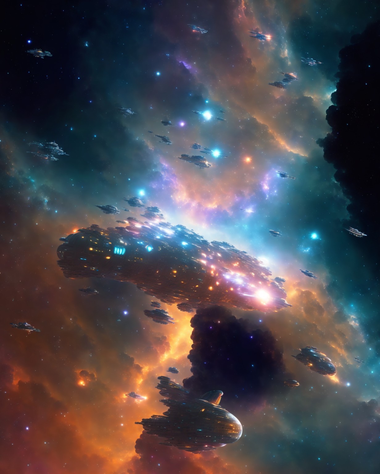 Detailed spaceship in vibrant cosmic scene with colorful stars and nebula