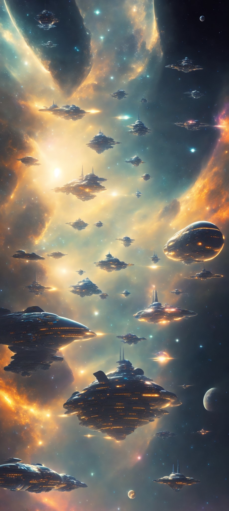 Futuristic spaceships in starlit nebula with cosmic colors
