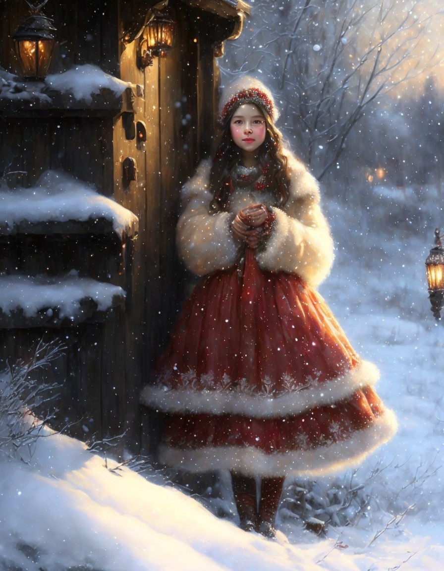 Young girl in red dress with white fur coat holding candle in snowy scene