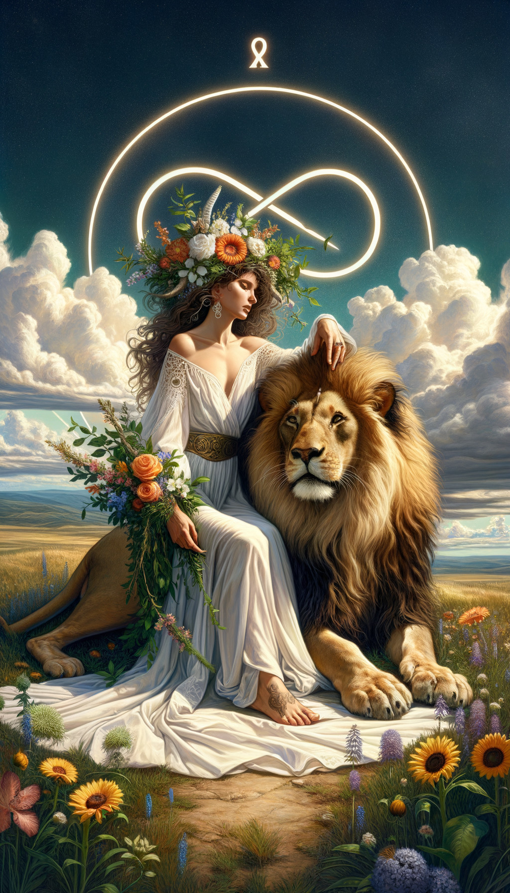 Woman in white dress with lion in field under ethereal sky