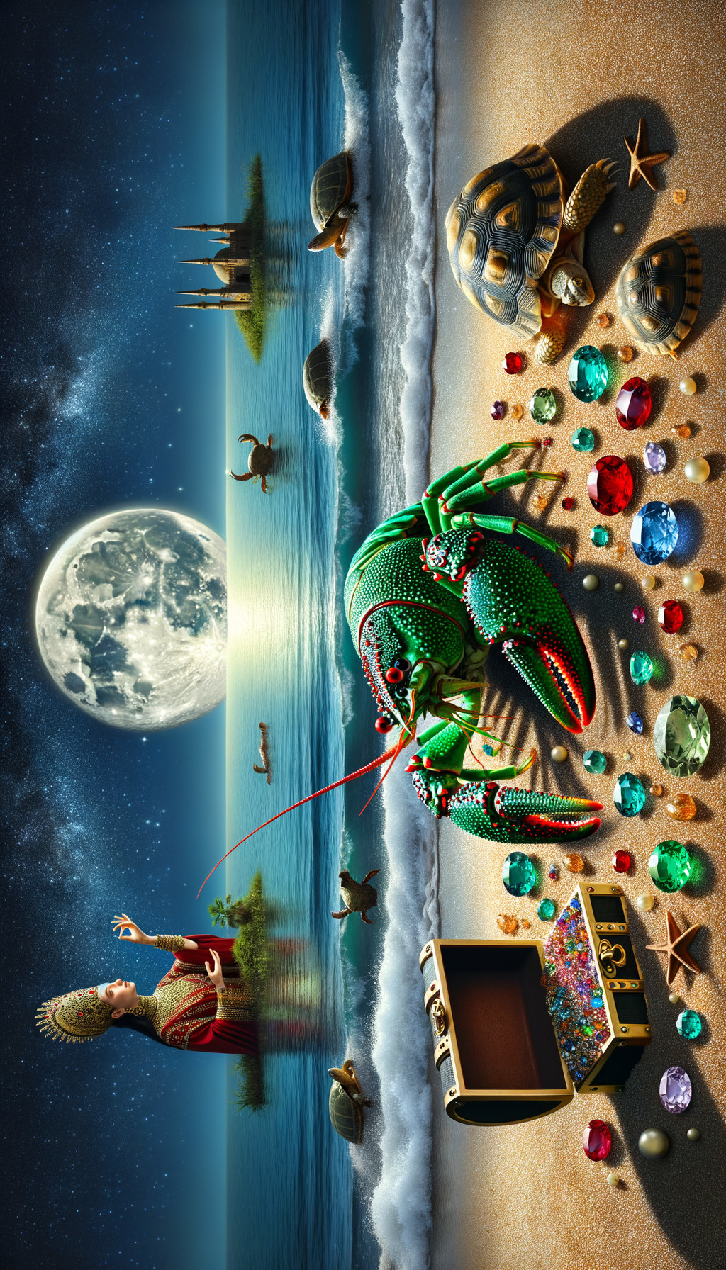Surreal Coastal Scene with Gem-Adorned Lobster and Turtles