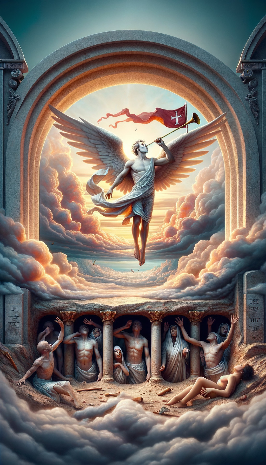 Angelic Figure Ascending Through Cloud Archway Scene