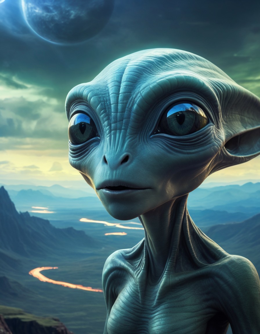 Illustrated alien in dramatic alien landscape with mountains and lava river