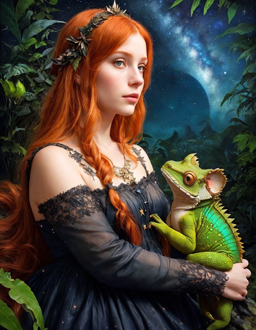 Red-haired woman with leaf crown holding green chameleon in forest setting