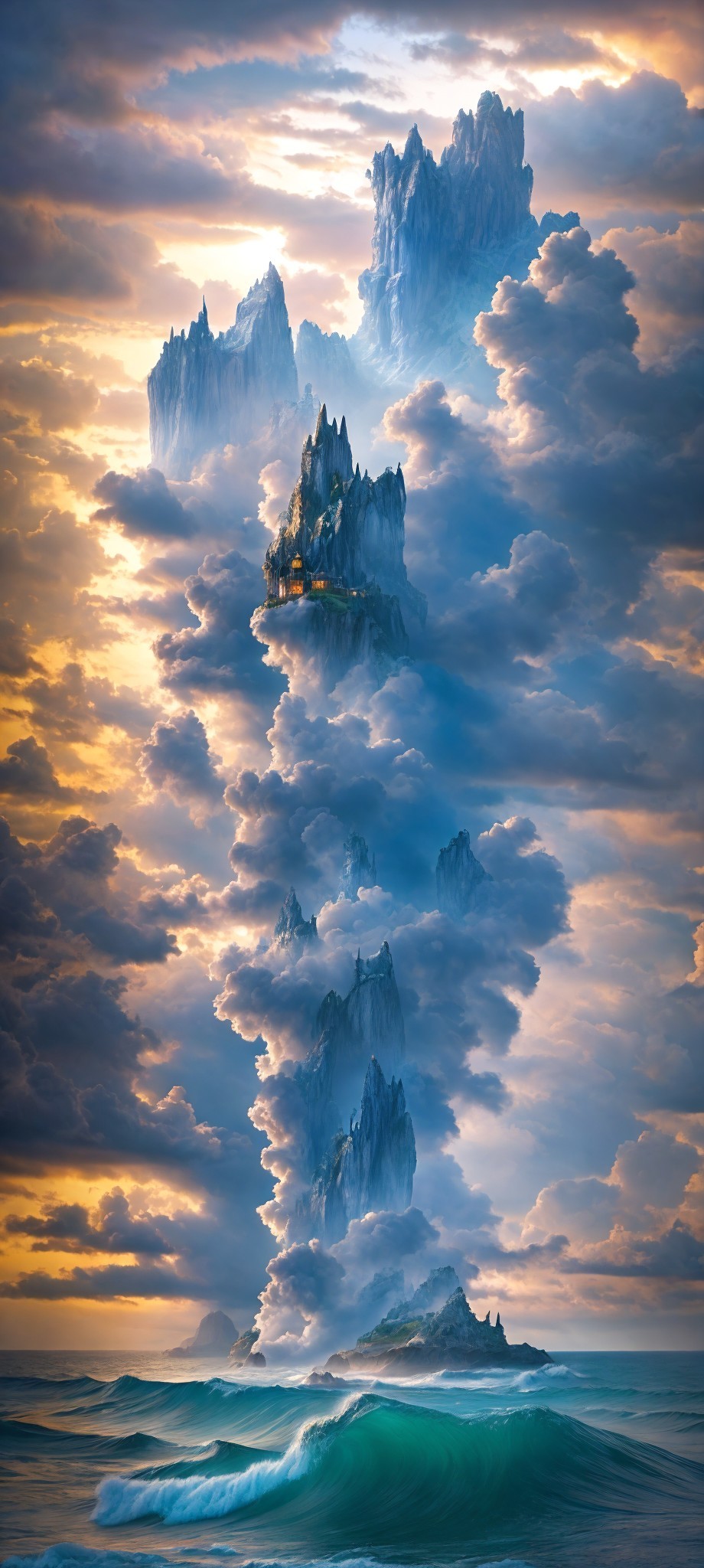 Majestic rock formations in misty sea under sunny sky