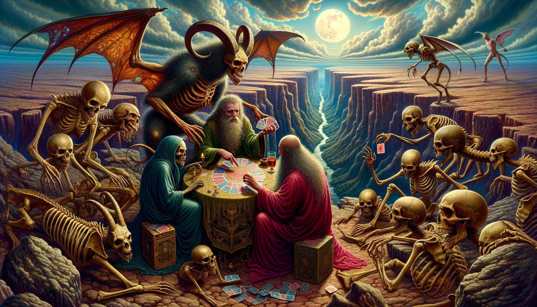Surreal Scene of Robed Figures Playing Cards at Night