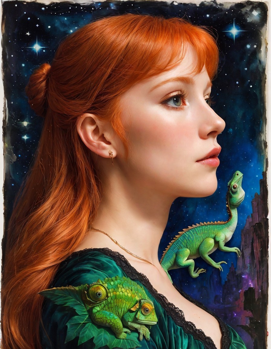 Red-haired woman with green dinosaur on shoulder in starry setting