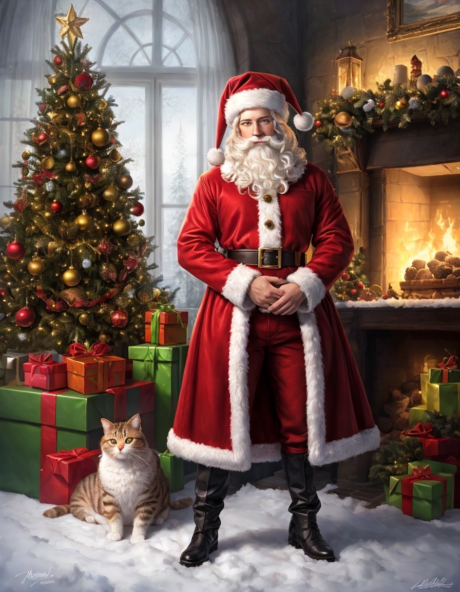 Santa Claus with tabby cat by Christmas tree and fireplace