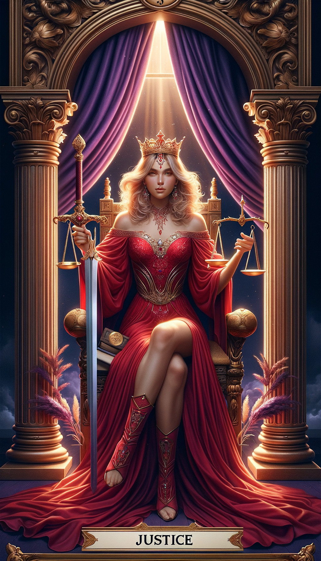 Regal Figure of Justice on Throne with Scales and Sword
