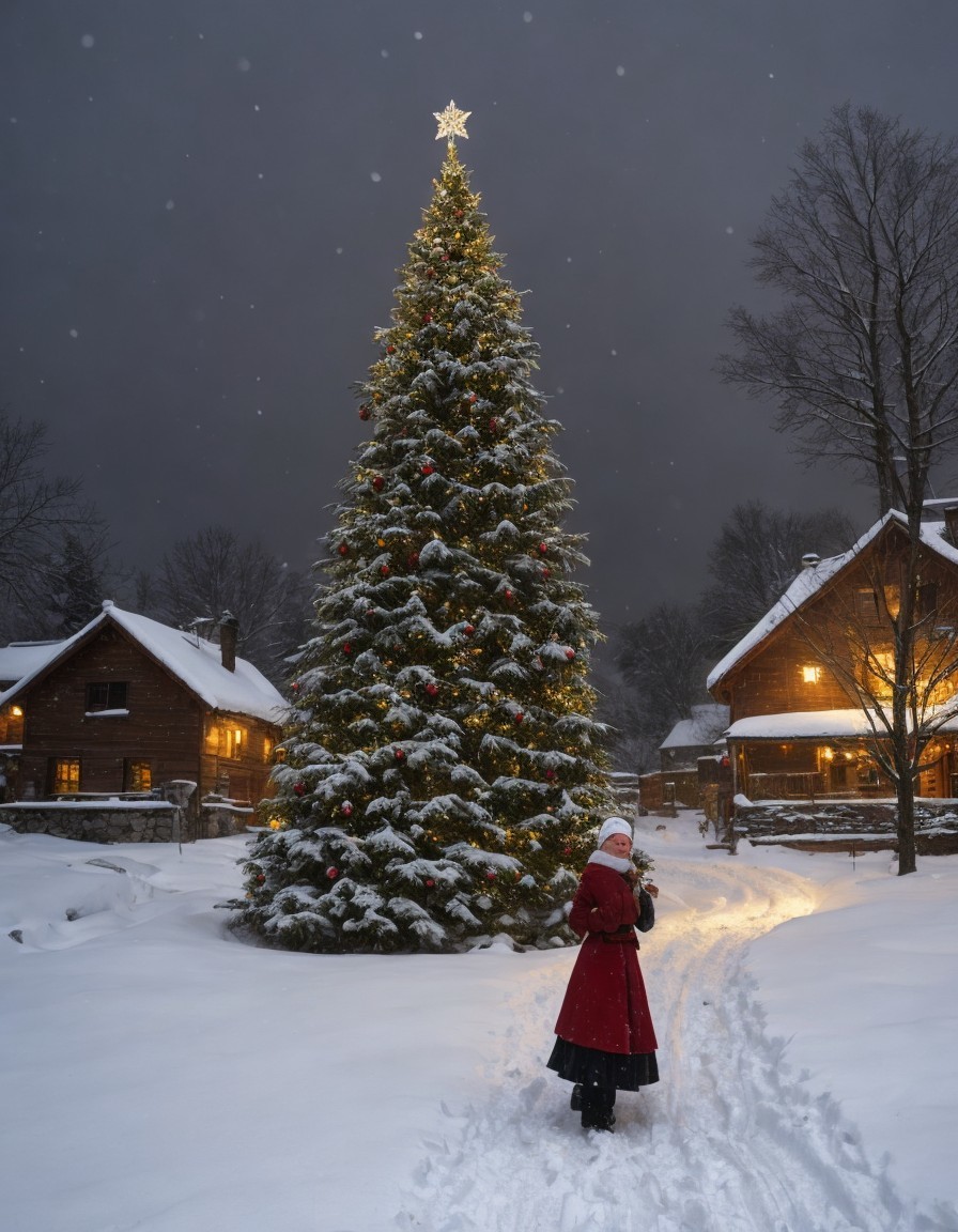 Person in Red Coat Admiring Christmas Tree on Snowy Evening